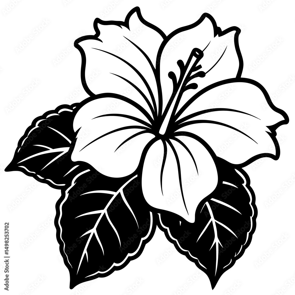 Obraz premium Black and white line art of a fully bloomed hibiscus with five wavy, veined petals, visible stamen, and three detailed leaves. Clean, botanical style for coloring book or tattoo