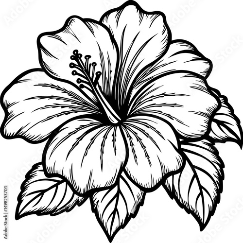 Black and white line art of a fully bloomed hibiscus with five wavy, veined petals, visible stamen, and three detailed leaves. Clean, botanical style for coloring book or tattoo