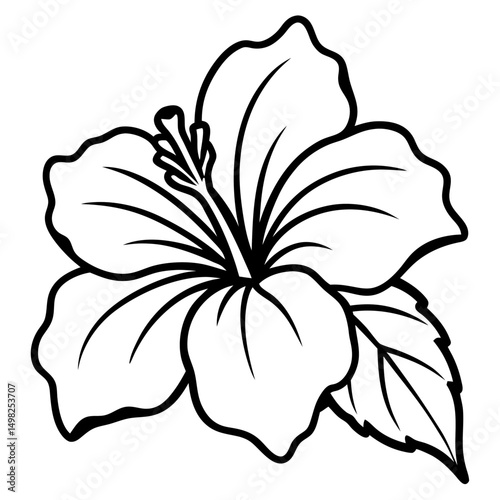 Black and white line art of a fully bloomed hibiscus with five wavy, veined petals, visible stamen, and three detailed leaves. Clean, botanical style for coloring book or tattoo