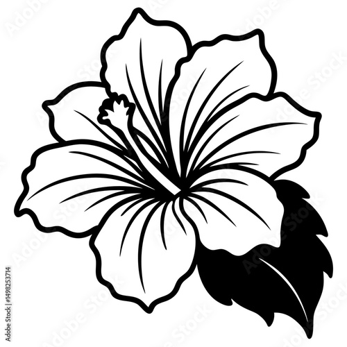 Black and white line art of a fully bloomed hibiscus with five wavy, veined petals, visible stamen, and three detailed leaves. Clean, botanical style for coloring book or tattoo