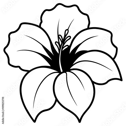 Black and white line art of a fully bloomed hibiscus with five wavy, veined petals, visible stamen, and three detailed leaves. Clean, botanical style for coloring book or tattoo