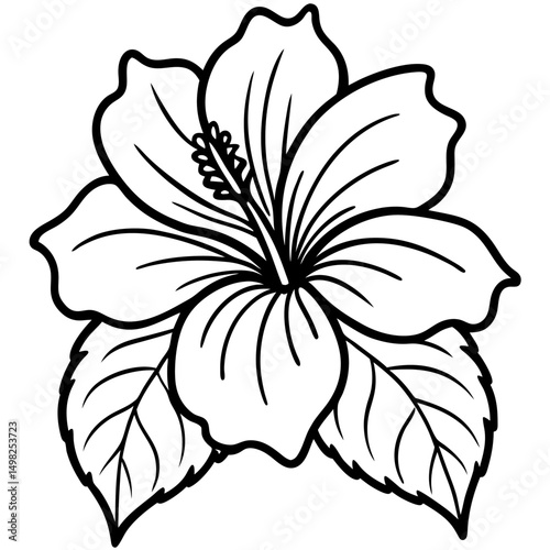 Black and white line art of a fully bloomed hibiscus with five wavy, veined petals, visible stamen, and three detailed leaves. Clean, botanical style for coloring book or tattoo