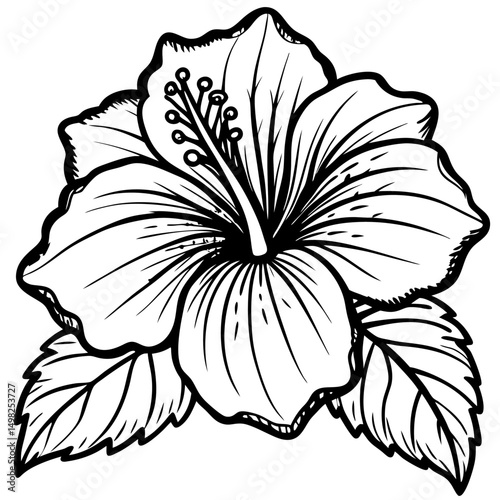 Black and white line art of a fully bloomed hibiscus with five wavy, veined petals, visible stamen, and three detailed leaves. Clean, botanical style for coloring book or tattoo