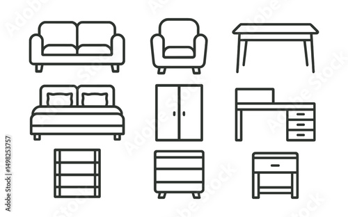 Line style icons of furniture: sofa, armchair, dining table, bed with pillows, wardrobe, bookshelf, office desk, nightstand.