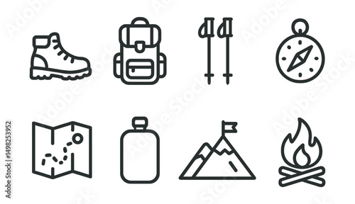 Line style icons of outdoor activities: hiking boots, backpack, trekking poles, compass, trail map, water flask, mountain summit icon, campfire symbol.