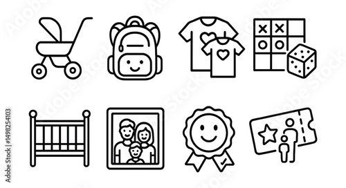 Line style icons of family travel: stroller icon, child backpack, matching family shirts, travel games, hotel crib, family photo, kid-friendly label, family pass ticket.
