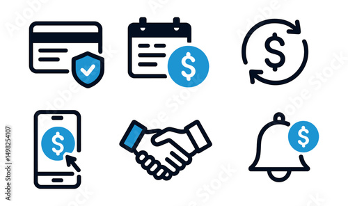 Two-Color vector icons of recurring payments: subscription plan, monthly deduction, renewal icon, billing cycle. Auto-pay, service agreement, active subscription, payment reminder.