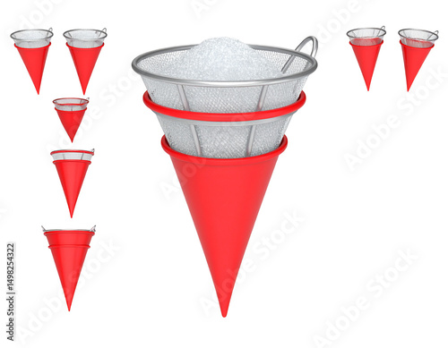 Red cone containers with mesh inserts, holding a white, powdery substance photo