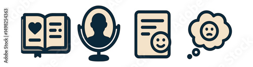 Two-Color vector icons of self-reflection tools: guided journal, reflection mirror, progress note, thought bubble. Personal growth log, weekly check-in, self-assessment, emotional score.