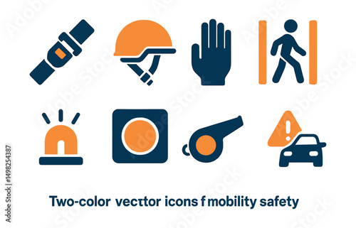 Two-Color vector icons of mobility safety: seatbelt icon, helmet with strap, signal hand icon, safe crossing. Visibility light, emergency stop, traffic whistle, accident prevention.