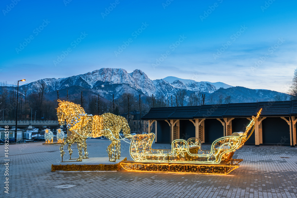 Christmas lights with Tatry mountains in Zakopane. Poland