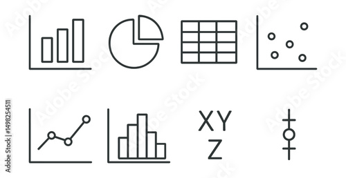 Line style icons of data and statistics: bar chart, pie graph, data table, scatter plot, trend line, histogram, variables icon, error margin indicator.