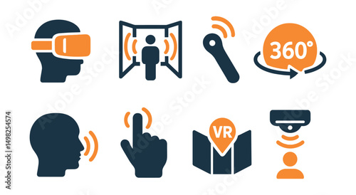 Two-Color vector icons of virtual reality: VR headset, immersive room, motion controller, 360 view icon. Head tracking, virtual hand, VR map, presence sensor.