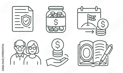 Line style icons of retirement and pensions: pension plan, retirement fund jar, calendar with finish flag, passive income icon, senior finance symbol, monthly payout, life savings badge, golden years