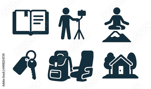 Two-Color vector icons of solo travel: journal icon, tripod selfie, book in hand, meditation on mountain. Hostel key, small backpack, train seat, quiet retreat.