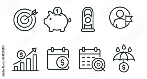 Line style icons of savings and goals: goal target icon, piggy bank with coin, savings meter, future plan badge, interest growth graph, monthly deposit icon, financial target calendar, rainy day fund