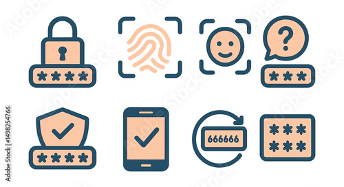 Two-Color vector icons of secure accounts: password lock, fingerprint scan, face ID icon, password manager. Security question, strong password icon, authentication app, backup code.