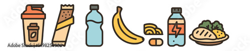 Outline with Fill icon set for sports nutrition: protein shake, energy bar, water bottle, banana, carb loading plate, supplement capsule, electrolytes drink, post-workout meal.