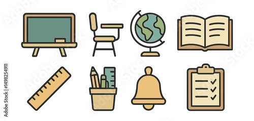 Outline with Fill vector icons of classroom learning: chalkboard, desk and chair, globe, open book, ruler, pencil holder, school bell, attendance sheet.
