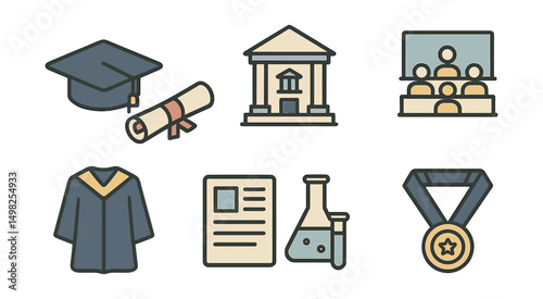 Outline with Fill vector icons of higher education: graduation cap, diploma scroll, university building, lecture hall, academic gown, thesis paper, science lab, scholarship medal.