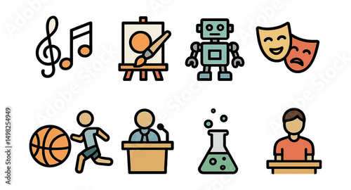 Outline with Fill vector icons of extracurricular activities: music club, art class, robotics team, school play, sports practice, debate podium, science fair, student council.