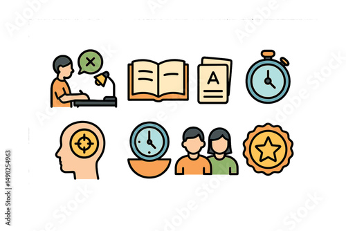 Outline with Fill vector icons of study habits: quiet space, open book icon, flashcards, timer, focused mind, break timer, study buddy, reward sticker.