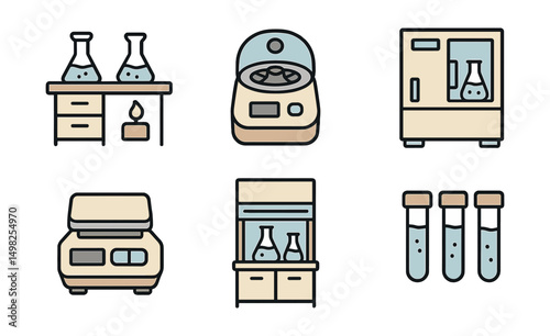 Outline with Fill style icons of laboratory equipment: lab bench, centrifuge, digital scale, incubator, lab fridge, fume hood, reagent rack, sample tubes.