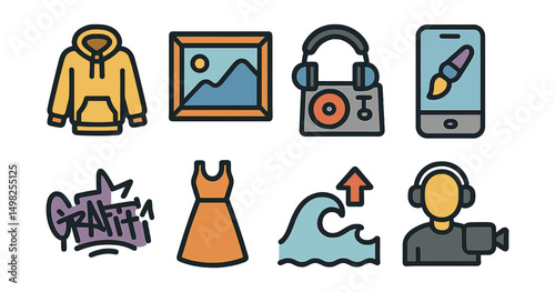 Outline with Fill vector icons of contemporary culture: streetwear style, digital art frame, urban music set, creative app, graffiti tag, fashion icon, social trend wave, content creator.