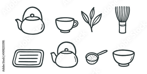 Hand-drawn vector icons of tea ceremony: teapot, teacup, tea leaves, bamboo whisk, tray, kettle, tea strainer, matcha bowl.