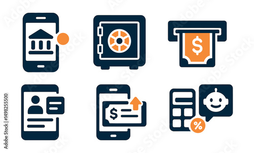 Two-Color vector icons of modern banking: bank app icon, digital vault, ATM withdrawal, card management. Statement viewer, mobile cheque deposit, interest calculator, bank chatbot.