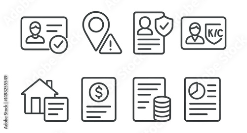 Line style icons of digital identity: age verification badge, geo-restriction alert, AML compliance status, regulatory KYC badge, proof of residency icon, income verification icon, source of funds