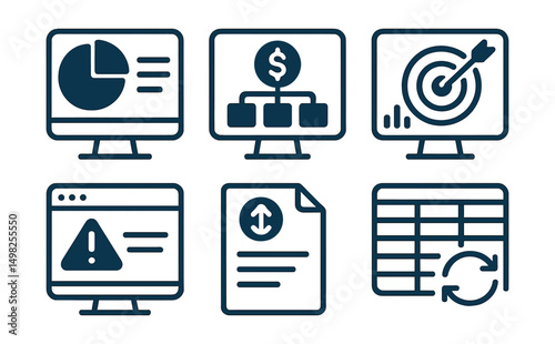 Two-Color vector icons of financial dashboards: spending category chart, income breakdown, investment summary, goal tracker. Alert notification, monthly report, transaction table, sync icon.