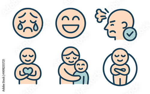 Two-Color vector icons of emotional wellbeing: crying face, joyful face, anger release, emotional check-in. Self-compassion, inner child icon, journal reflection, comfort zone.