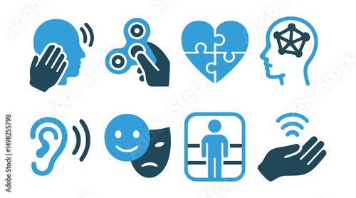 Two-Color vector icons of neurodivergent support: sensory comfort, fidget tool, autism pride, mental map. Noise sensitivity, masking icon, regulation zone, stim break.