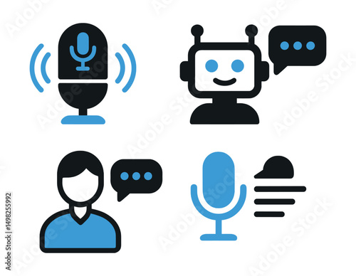 Two-Color vector icons of smart assistants: voice AI, chatbot icon, virtual helper, speech recognition. Smart reply, voice-to-text, contextual AI, AI feedback icon.