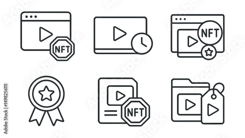 Line style icons of Web3 streaming: stream recording as NFT, timestamped replay clip, auto-mint video moment, highlight reel token, viral moment badge, memorable clip NFT, collectible stream archive,