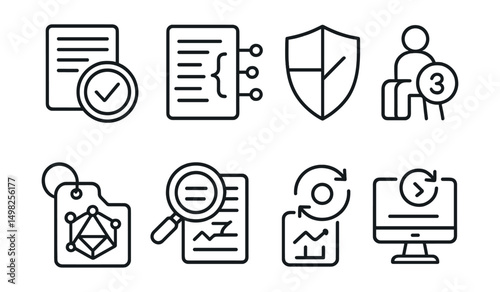 Line style icons of Web3 licensing: software license token, open-source smart contract, closed license badge, user seat limit icon, activation key NFT, license audit tracker, software update rights,