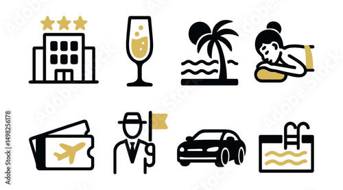 Two-Color vector icons of luxury travel: five-star hotel, champagne glass, ocean view, spa treatment. First class ticket, exclusive tour, luxury car, resort pool.