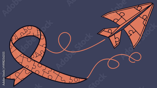 Autism Awareness: Inspiring Puzzle Ribbon and Paper Airplane Illustration