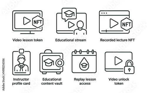 Line style icons of NFT education: video lesson token, educational stream badge, recorded lecture NFT, instructor profile card, educational content vault, knowledge drop calendar, replay lesson