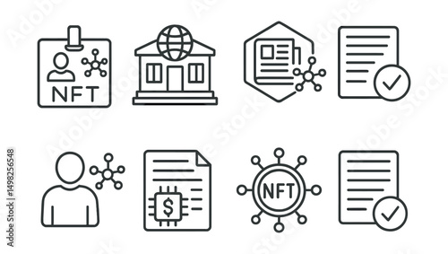 Line style icons of NFT media: decentralized press badge, Web3 newsroom icon, independent media DAO, article governance vote, journalistic DAO member, editorial funding proposal, media outlet token,