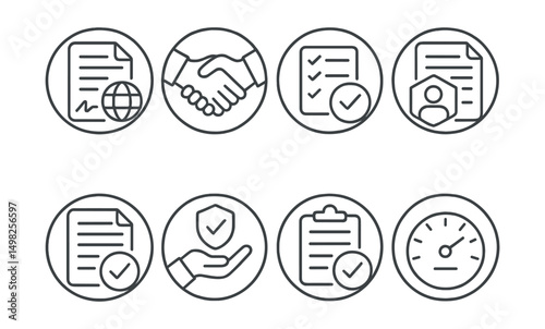 Line style icons of remote Web3 work (circular): digital contract icon, agreement signature ring, task confirmation seal, work agreement token, contributor license badge, term acceptance icon,