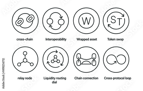 Line style icons of Web3 infrastructure (circular): cross-chain bridge ring, interoperability badge, wrapped asset circle, token swap bubble, relay node icon, liquidity routing dial, chain connection