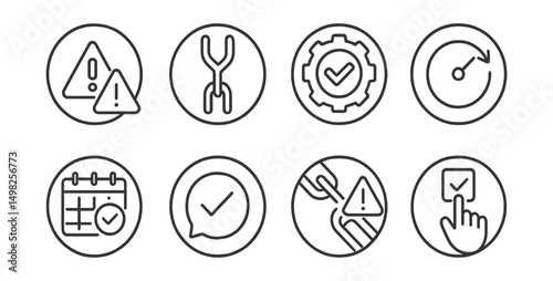 Line style icons of Web3 infrastructure (circular): protocol upgrade alert, hard fork ring icon, version control badge, backward compatibility dial, upgrade scheduling panel, consensus update bubble,