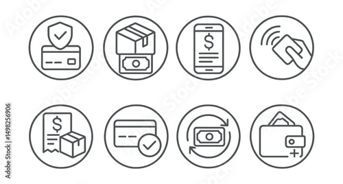 Line style icons of medicine delivery (circular): secure payment icon, pay-on-delivery badge, digital invoice bubble, contactless pay token, delivery bill icon, confirmed payment ring, refund policy