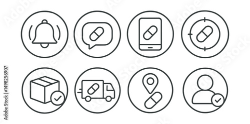Line style icons of medicine delivery (circular): delivery notification ring, SMS alert bubble, push notification icon, status update dial, order shipped badge, delivery en route icon, arrived at