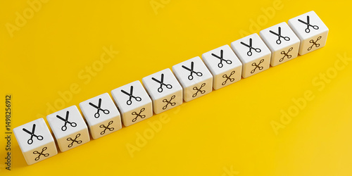 Conceptual lineup of white cubes adorned with scissor icons symbolizing decisive cuts and on transparent background