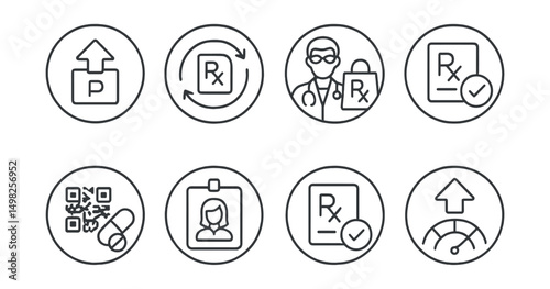 Line style icons of medicine delivery (circular): prescription upload icon, e-prescription sync ring, doctor-to-pharmacy token, digital script approval, QR code medicine order, patient ID check badge