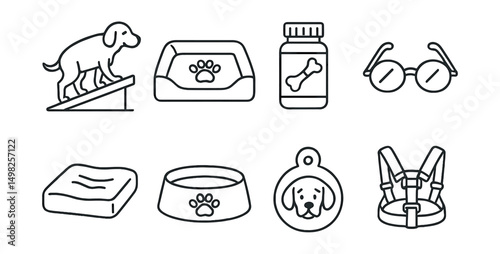Line style icons of pet care: senior dog ramp, orthopedic bed, memory foam cushion, joint supplement, vision aid, senior food bowl, age care tag, comfort harness.