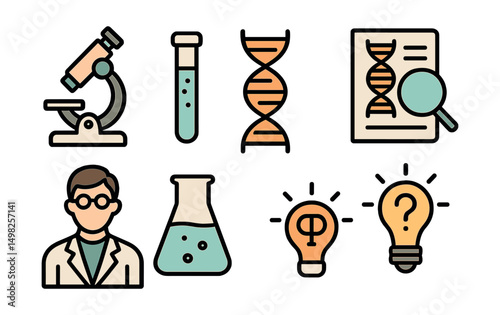 Outline with Fill vector icons of scientific research: microscope, test tube, DNA strand, research paper, scientist figure, beaker with liquid, hypothesis symbol, question mark lightbulb.